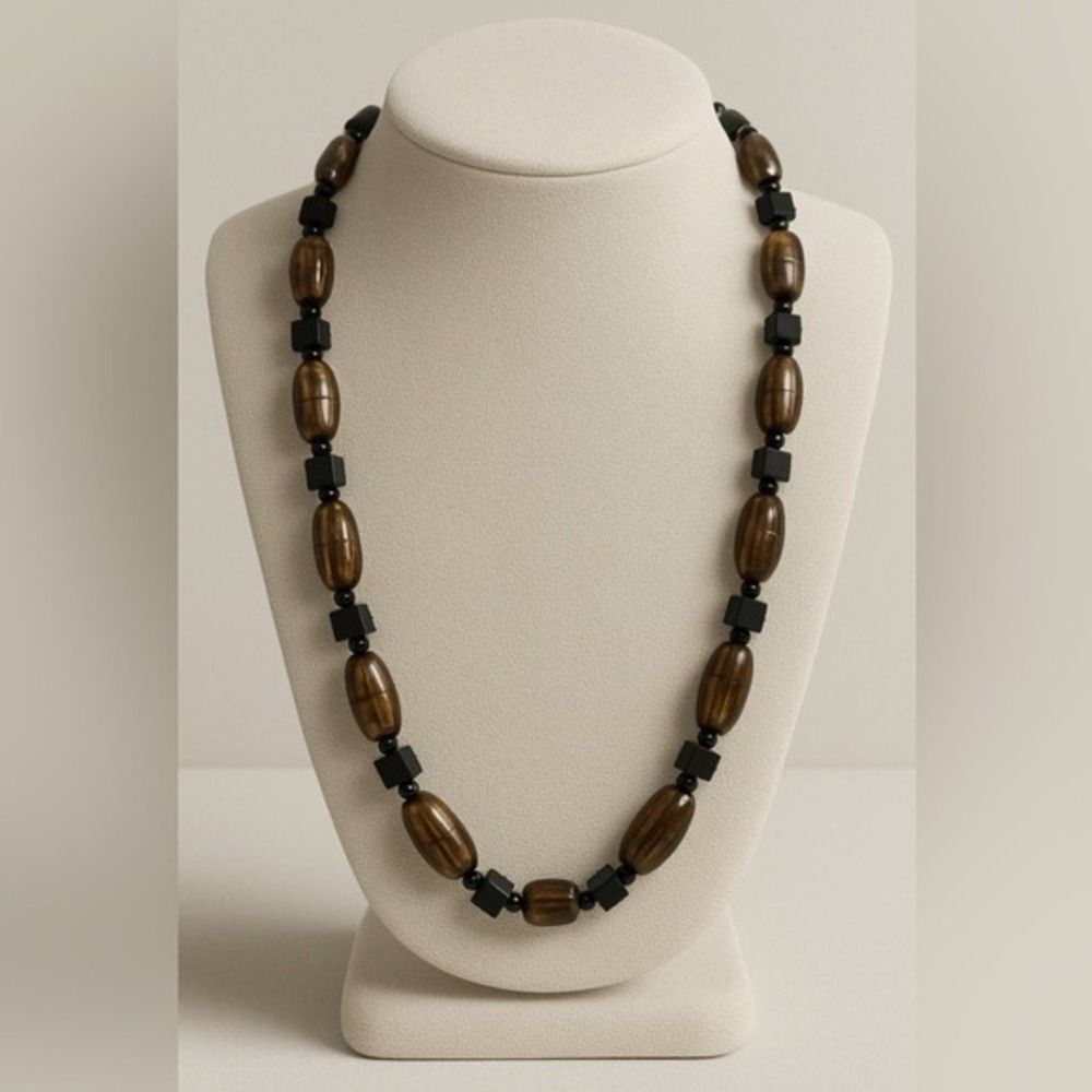 Y2K Vintage Womens Black & Brown Beaded Ombré Long Matinee Rope Necklace 90's